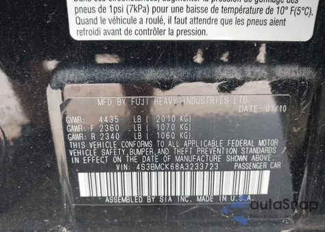 2010 Subaru Legacy 2.5I Limited из США, поврежденный, VIN 4S3BMCK68A3233723